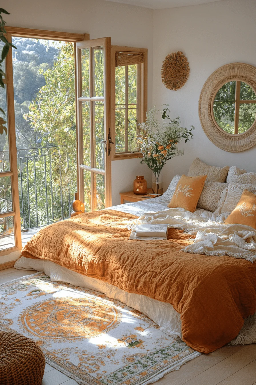 Bright boho coastal bedroom with sunny accents and natural materials