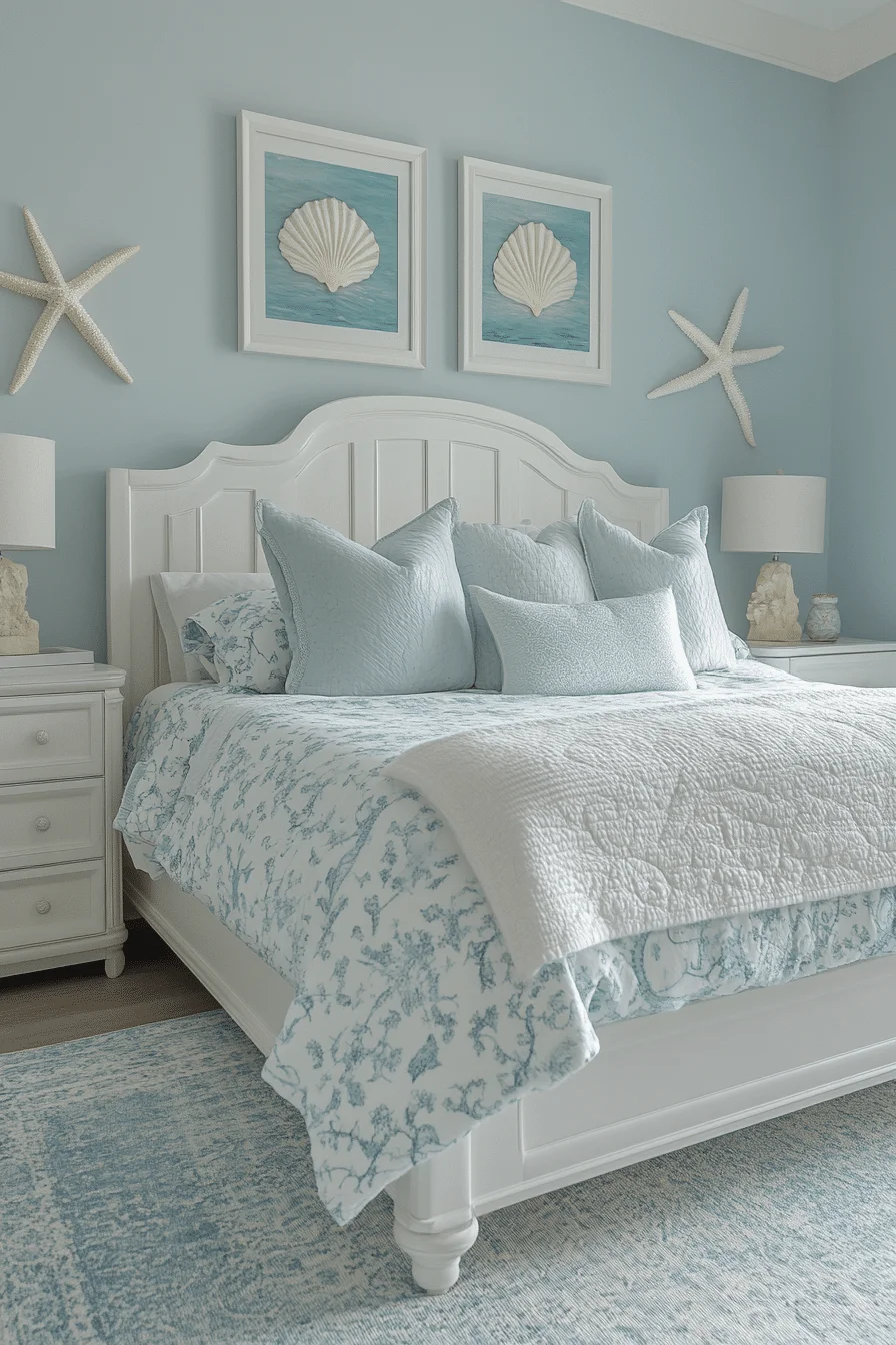Boho coastal bedroom with ocean creature motifs and soft textures