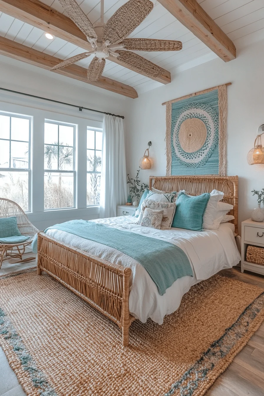 Casual boho coastal bedroom with natural materials and coastal accents
