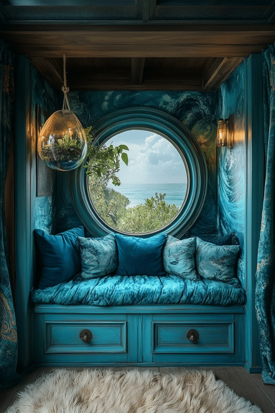 Cozy boho coastal bedroom nook with deep blue tones and ocean accessories