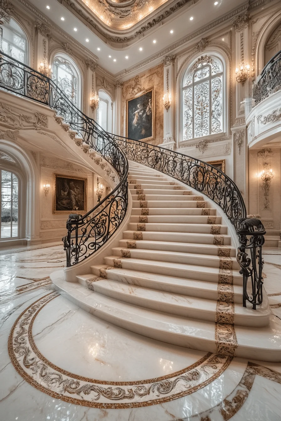 Marble staircase steps with metallic accents