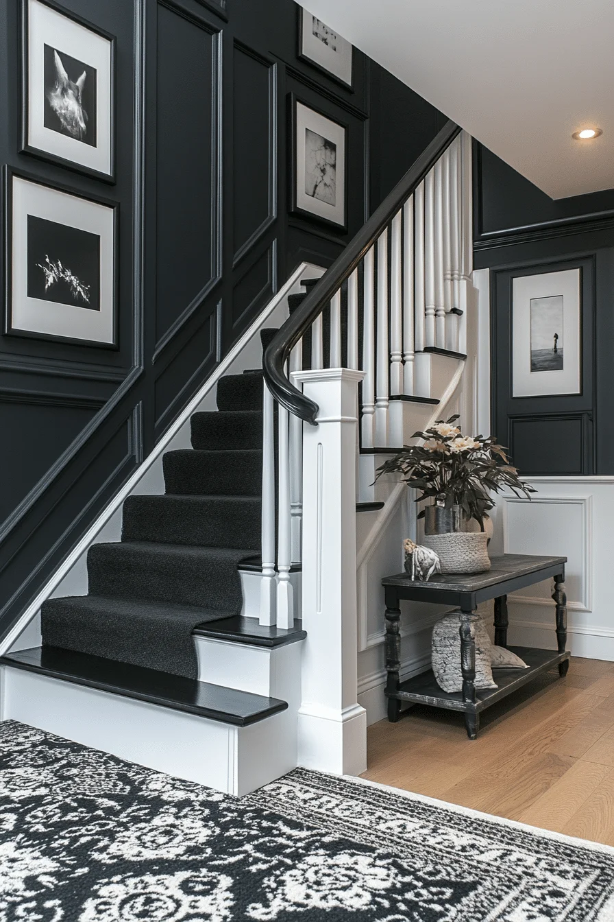 Black and white staircase with geometric patterns