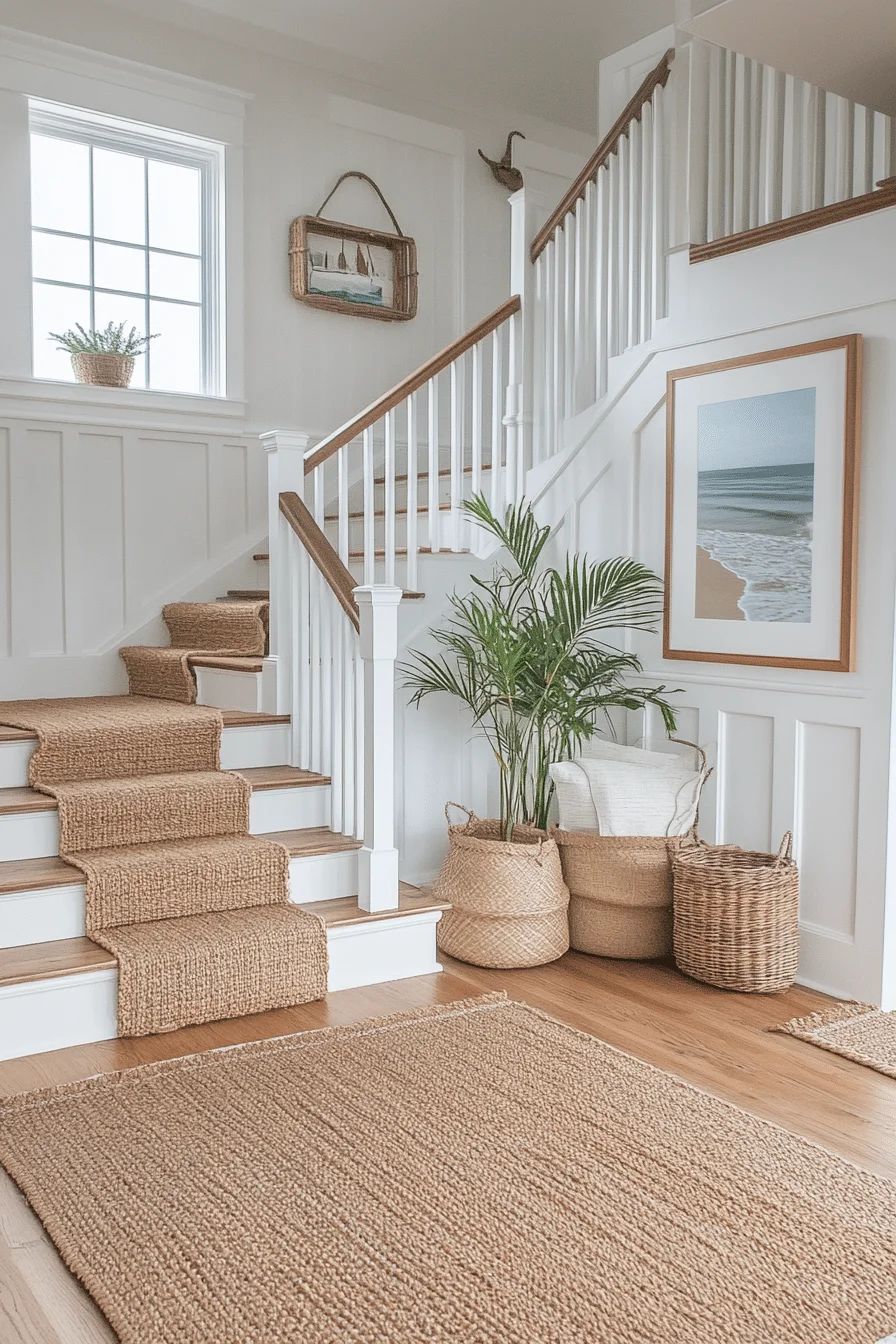 Light-colored staircase with nautical accents