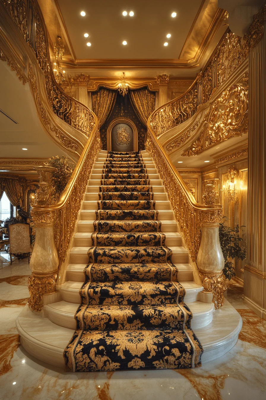 Staircase with gold-tone metallic accents