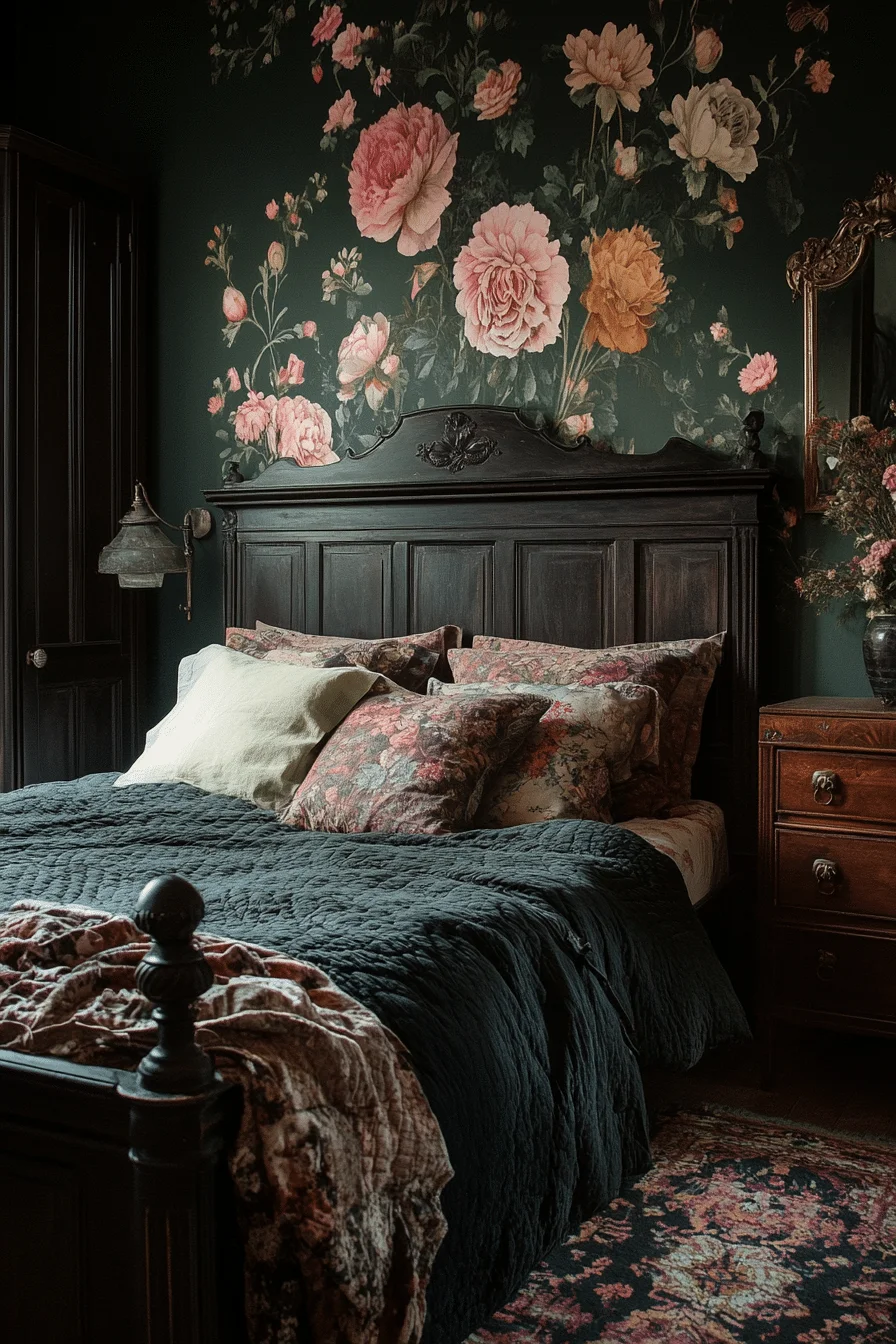 Dark floral bedding and wallpaper