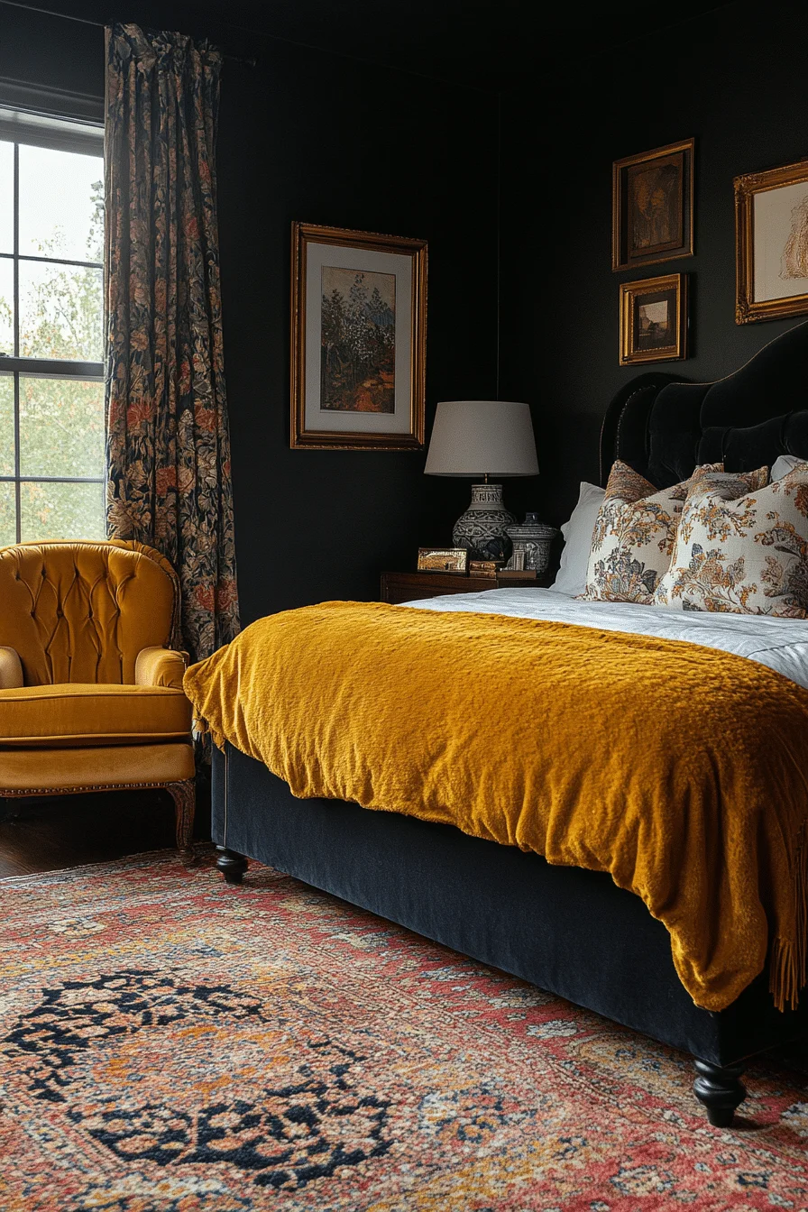 Cozy bedroom with plush textures and dark tones