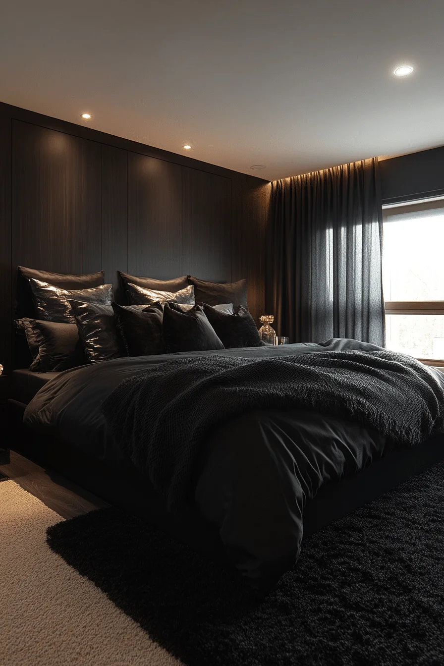 Black walls and dark furniture with reflective accessories