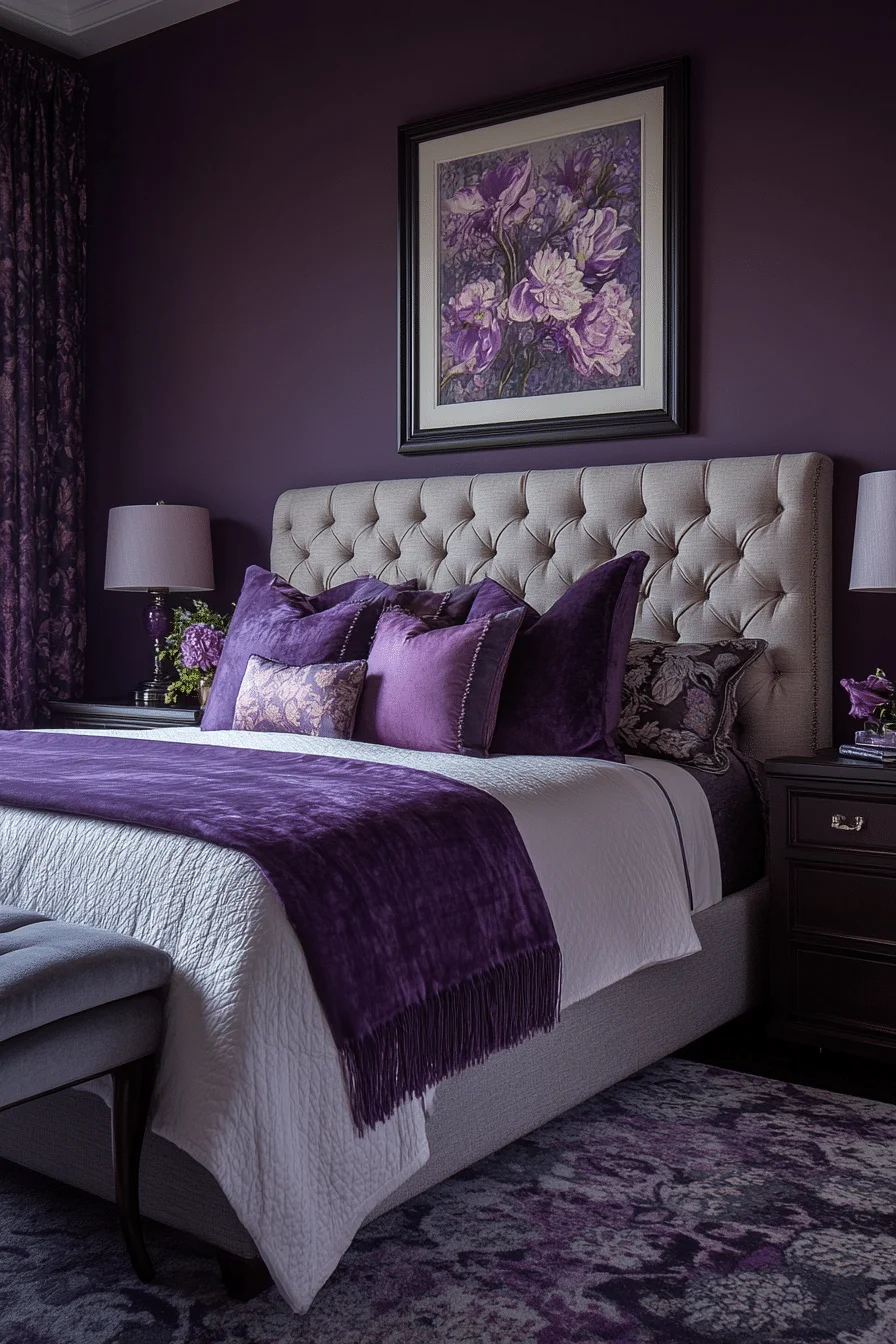 Bedroom with plum bedding and silver accents