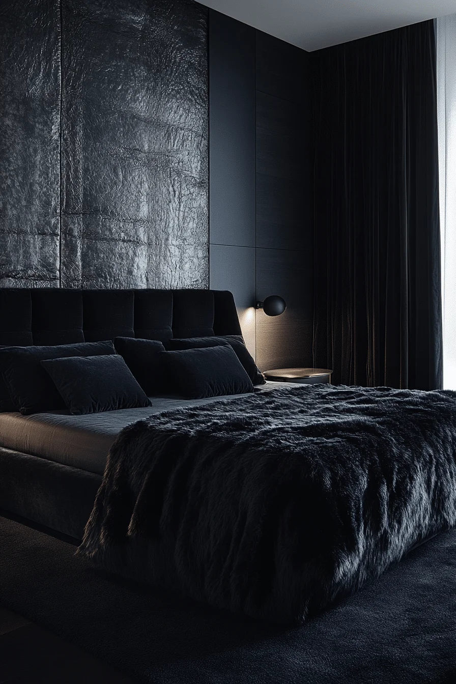 Black walls with textured fabrics and lighting