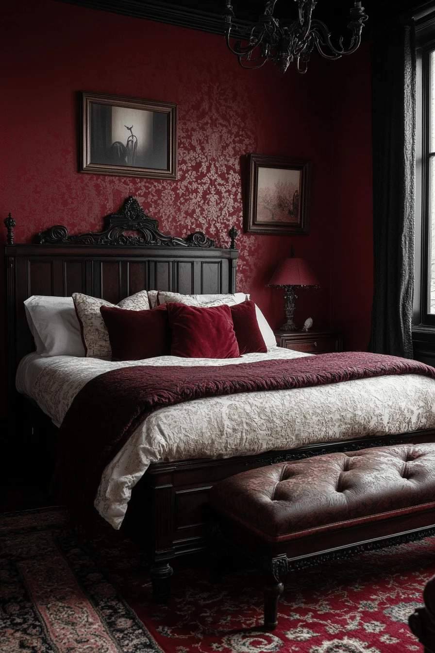 Burgundy bedding with gold accessories