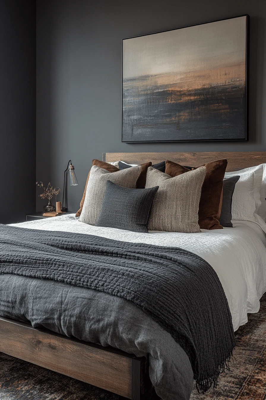 Gray walls with metallic accents and textured fabrics
