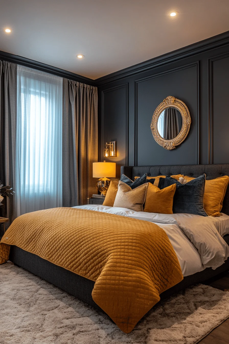 Graphite walls with gold geometric patterns