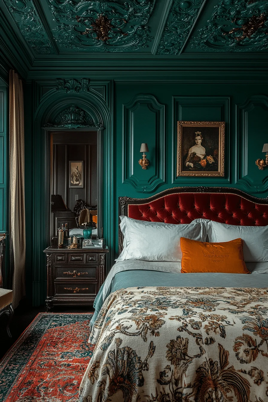 Teal walls with copper accessories