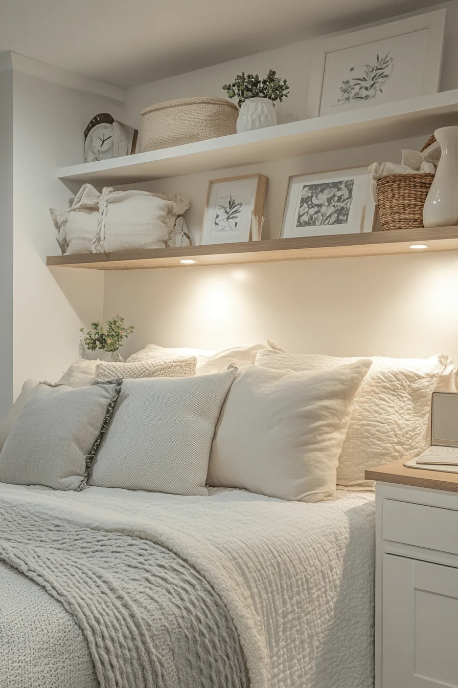 Floating shelves on bedroom wall
