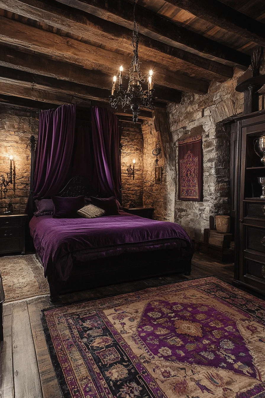 Bohemian bedroom with stone walls and mystical textiles