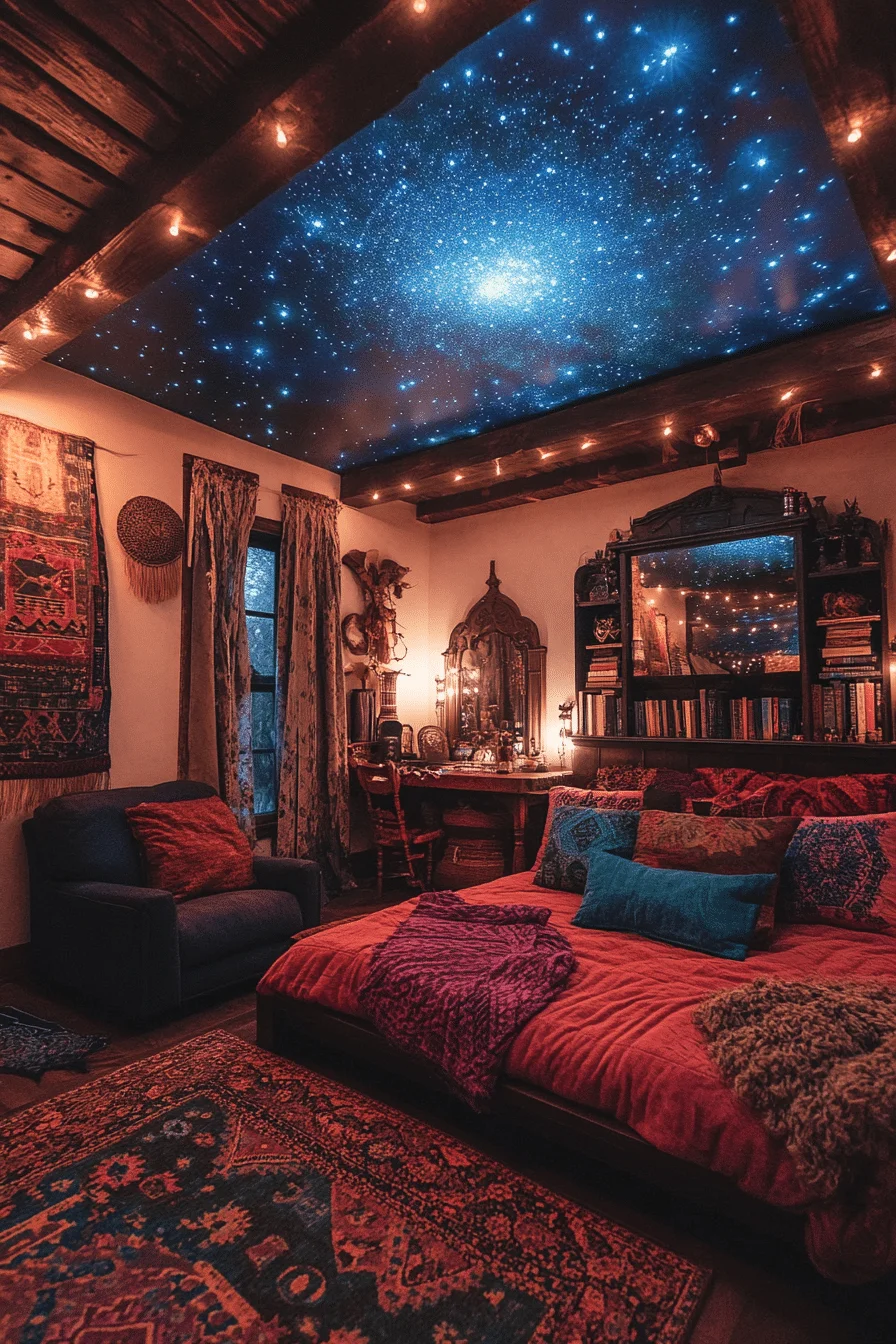 Rustic bedroom with skylight and star-themed decor