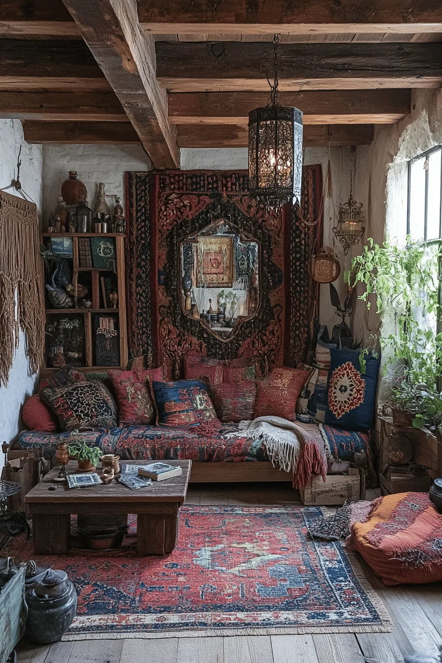 Bohemian style bedroom with rustic beams and tribal tapestries
