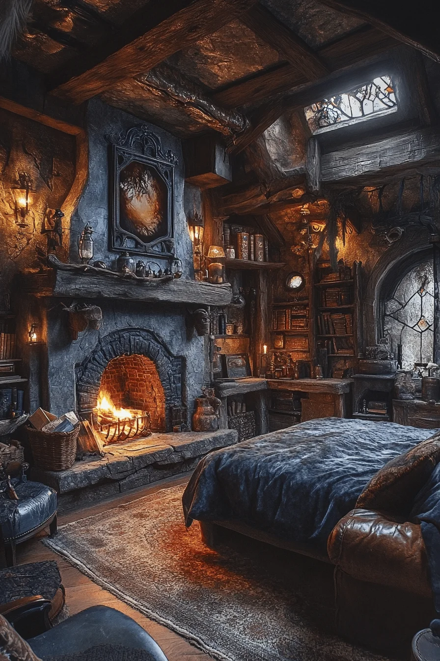 Rustic bedroom with fireplace and warm decor