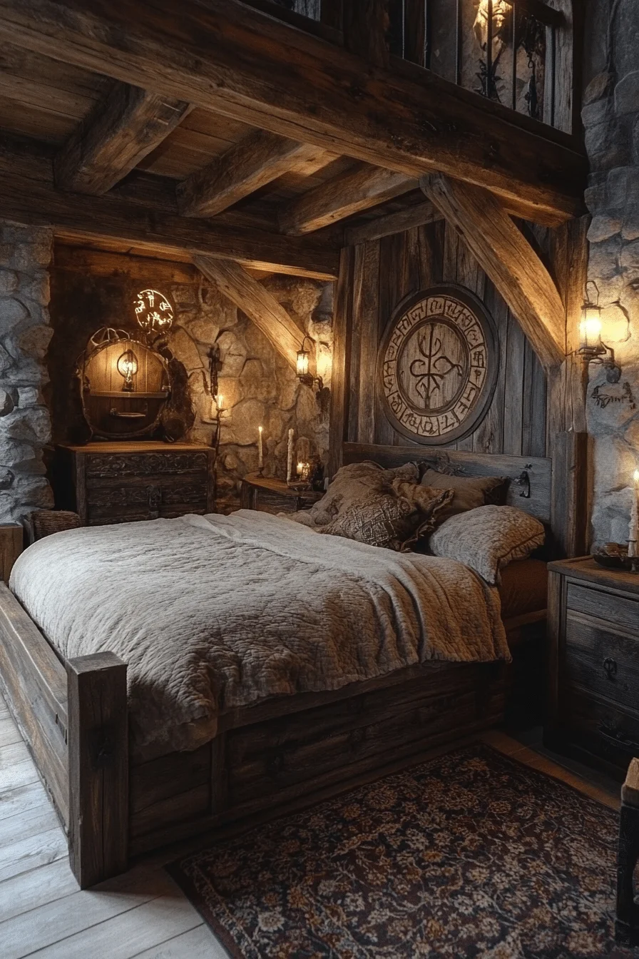 Bedroom with rune symbols and rustic wood