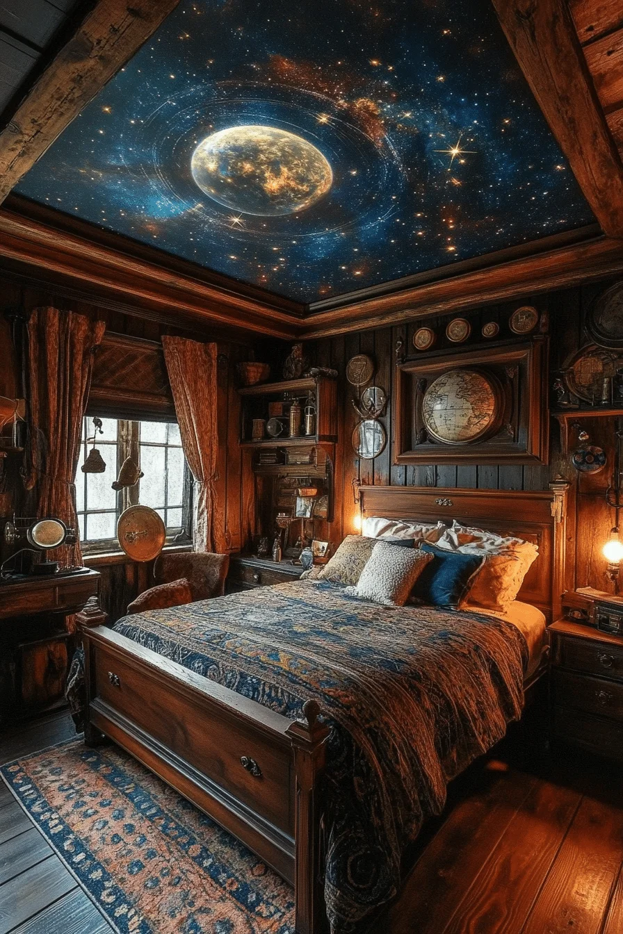 Rustic bedroom with galaxy mural and starry decor