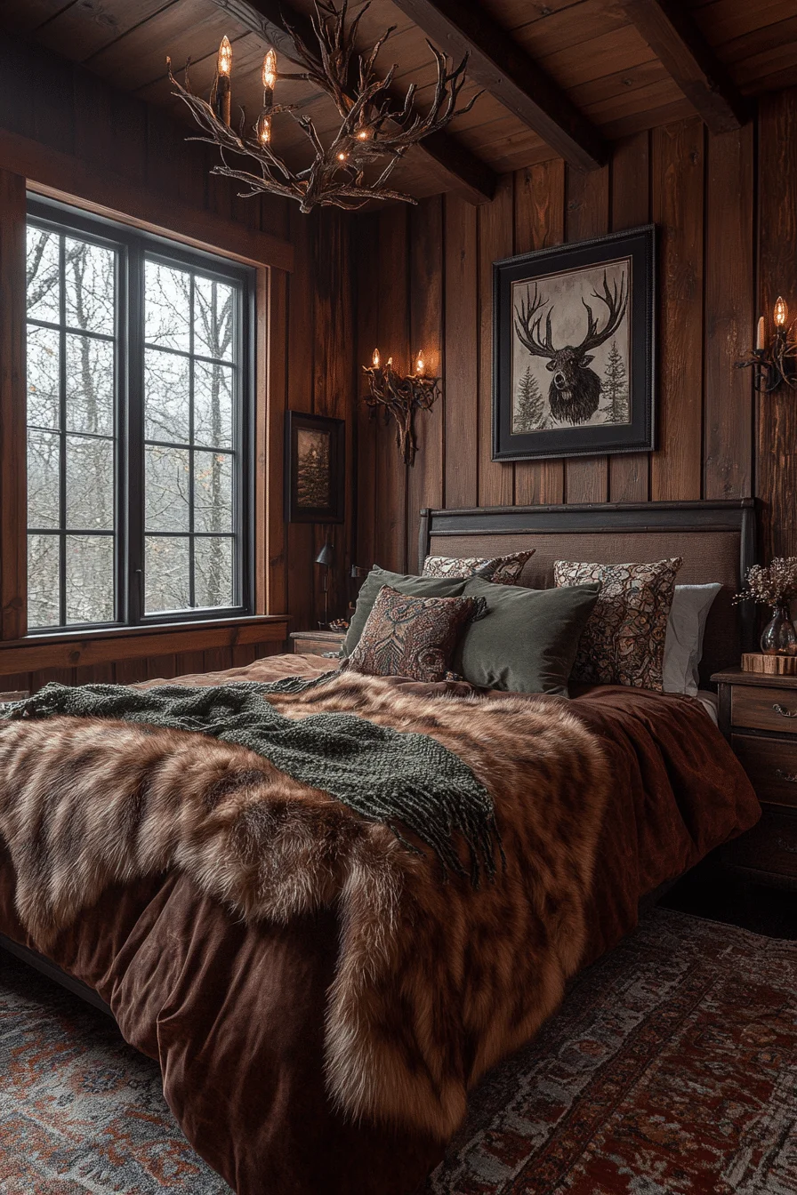 Rustic bedroom resembling a forest cabin