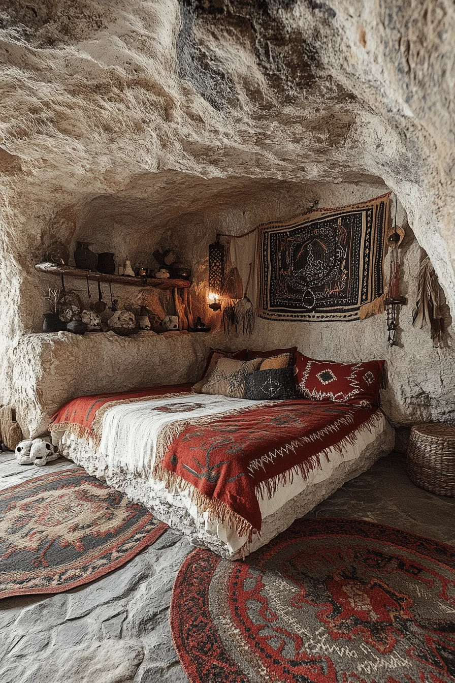 Bedroom with tribal patterns and meditation space