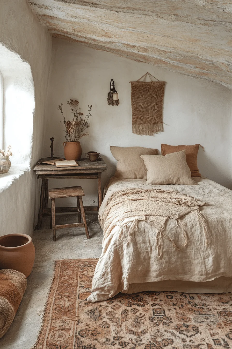 Rustic bedroom with four-poster bed and spiritual symbols