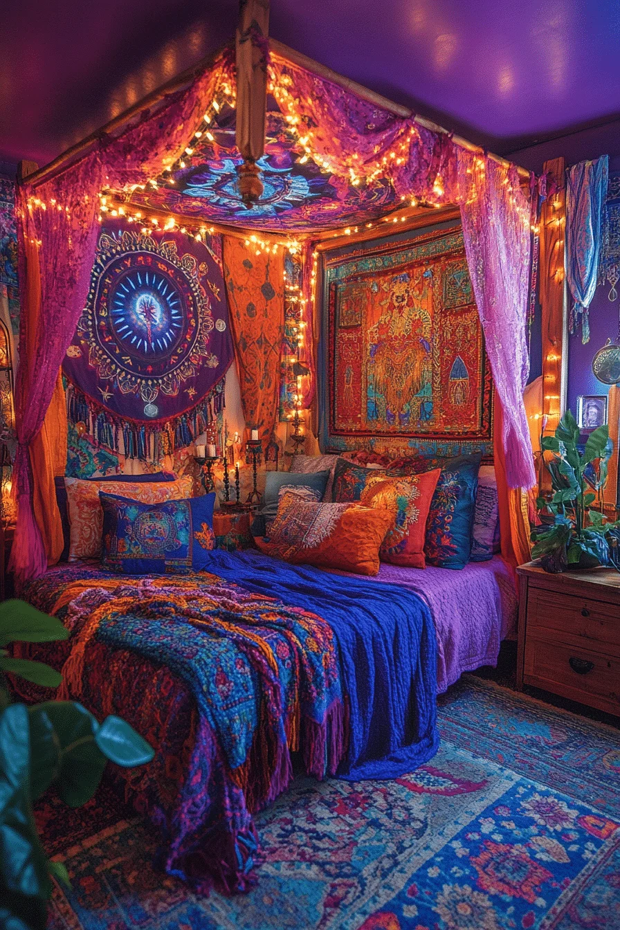 Colorful bohemian bedroom with rustic beams