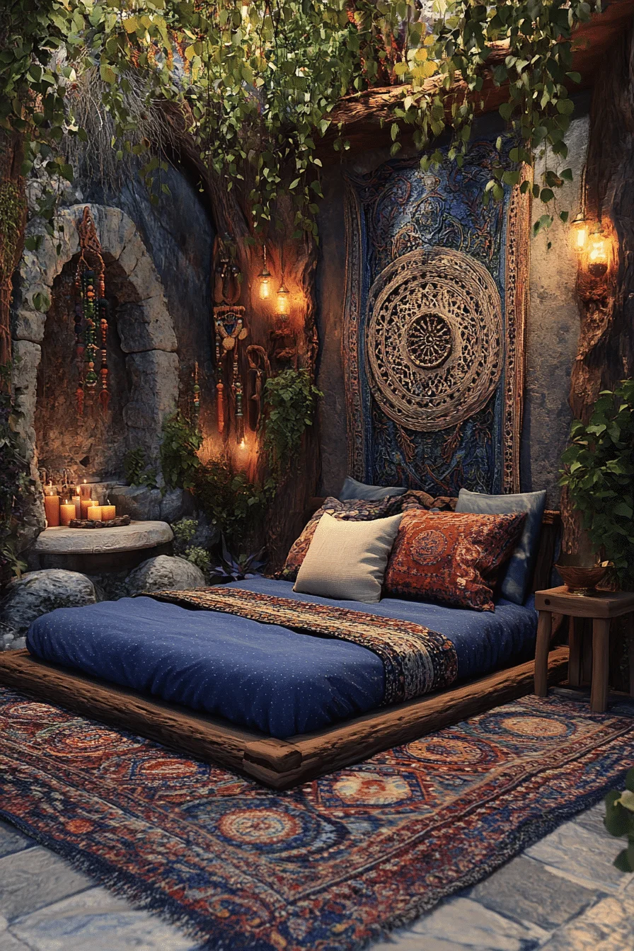 Rustic bedroom with elements of earth, air, fire, and water