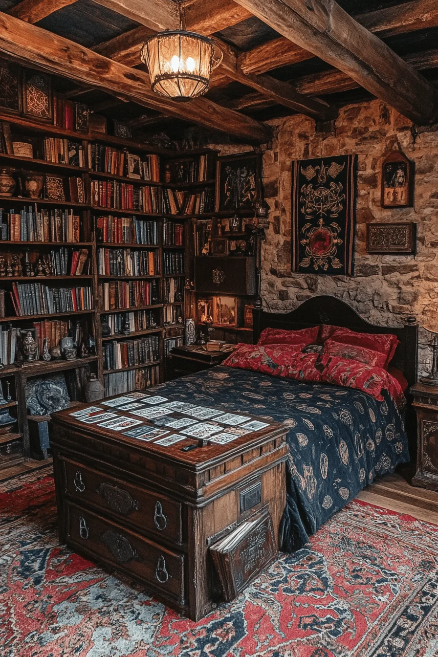 Bedroom designed for divination with rustic seating and tools