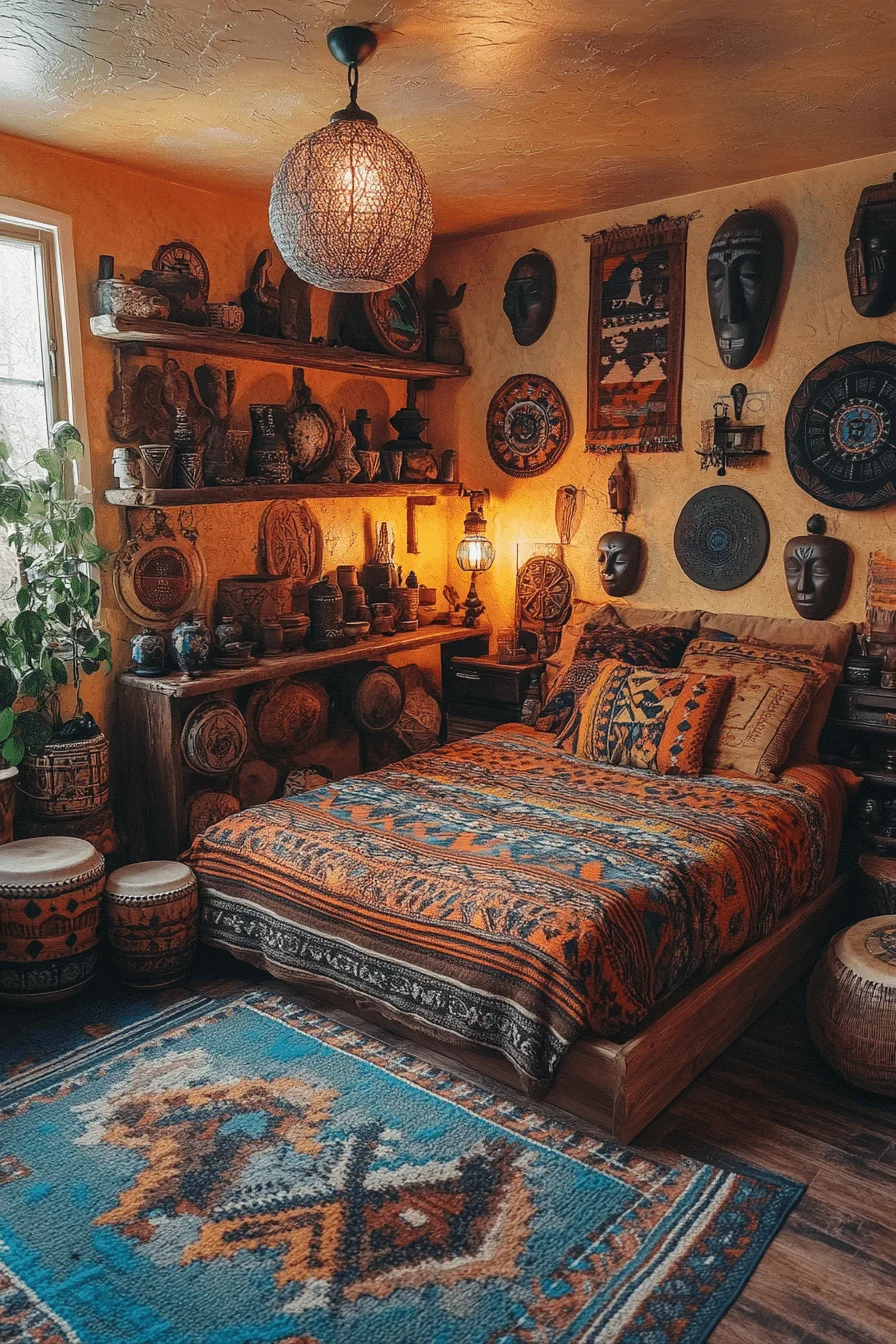 Bedroom with indigenous-inspired decor and tribal artifacts