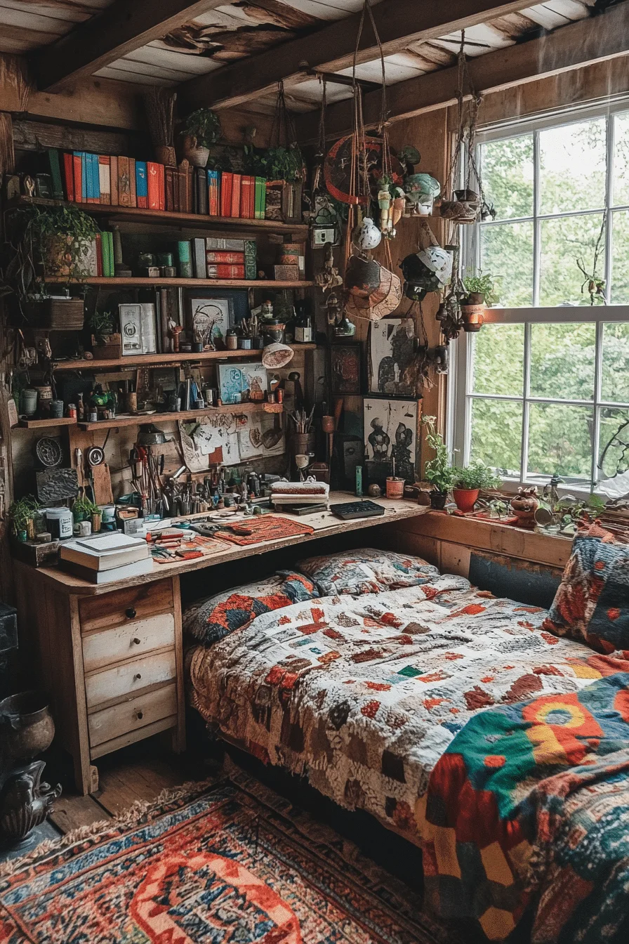 Rustic bedroom with crafting workbench and magical tools