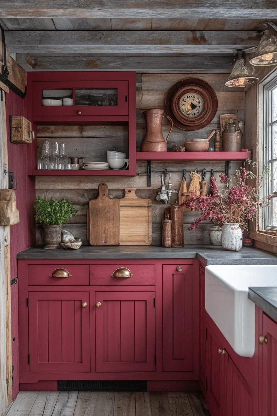 Rustic barn red kitchen walls