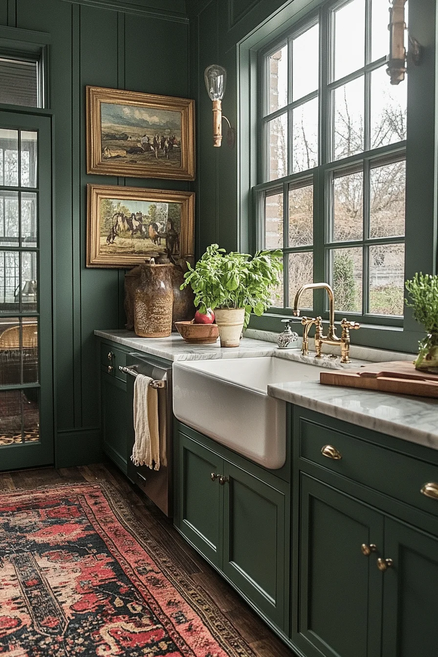 Deep forest green kitchen walls