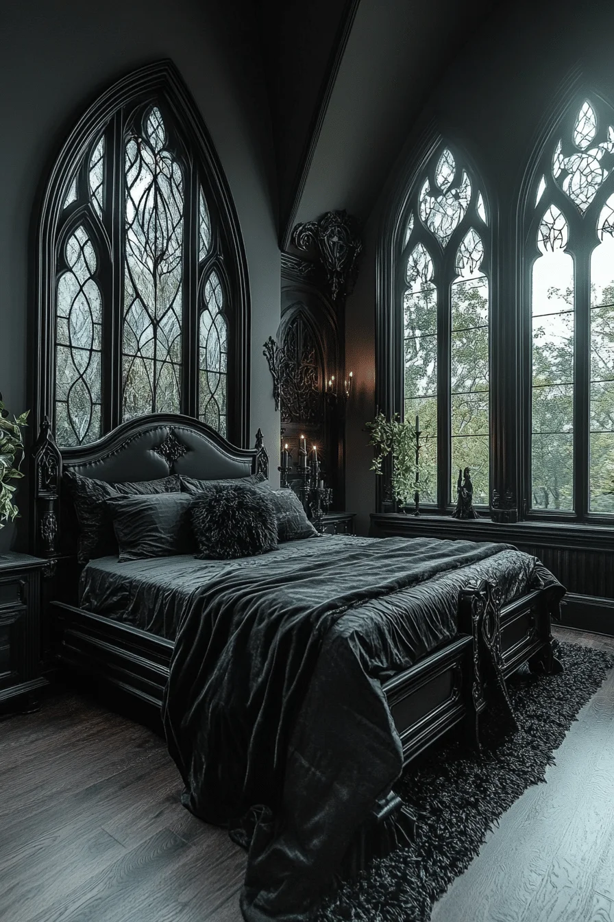 Gothic-inspired bedroom with dark tones and minimalist furniture