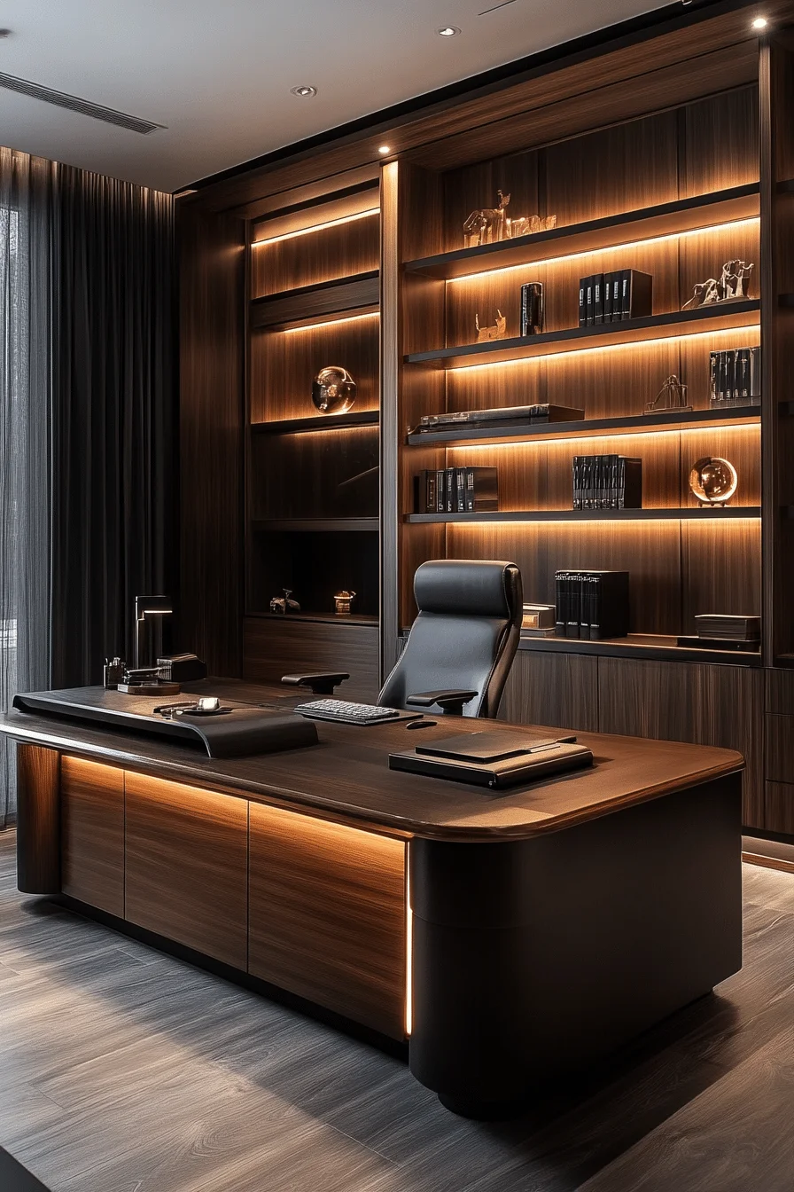 Professional office with dark wood furniture and ambient lighting