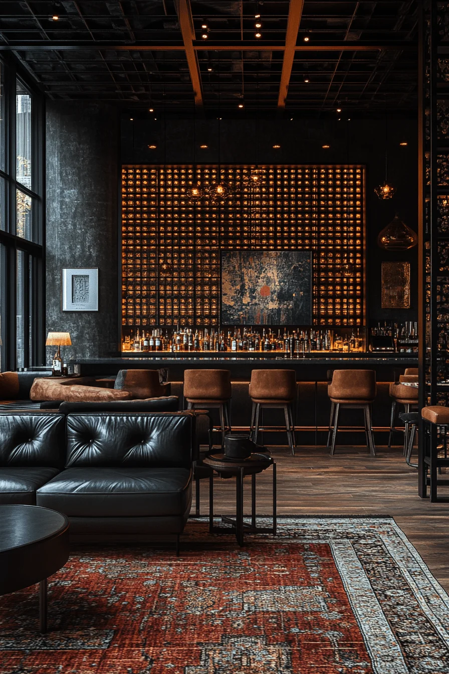 Cozy lounge with dark leather seating and dim lighting