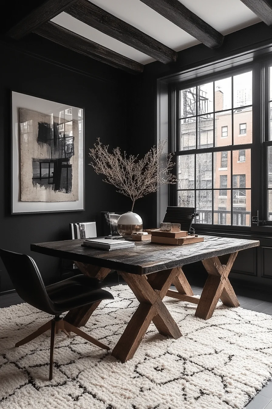 Creative studio with black walls and white accents