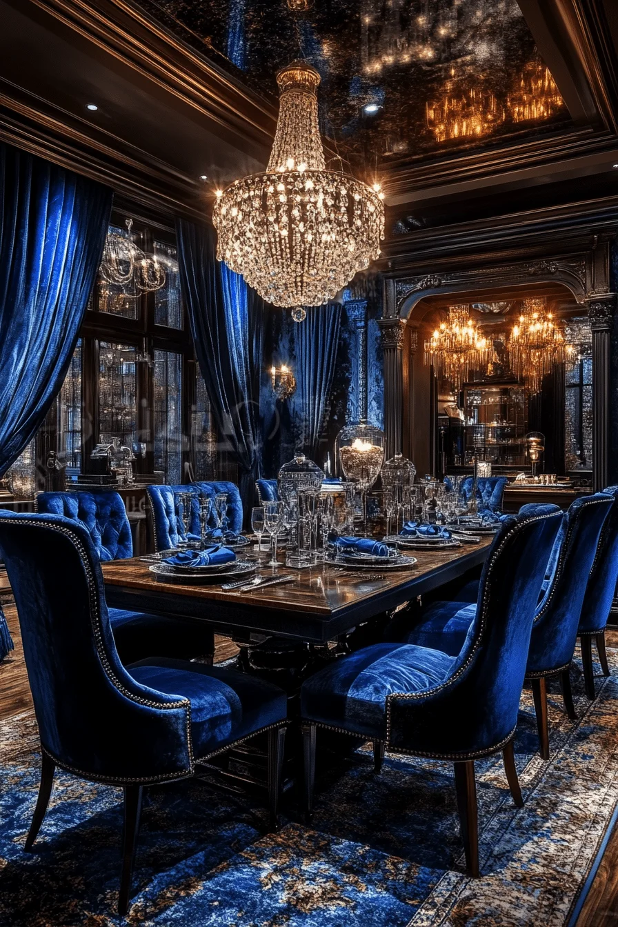 Dining room with velvet chairs and crystal chandelier