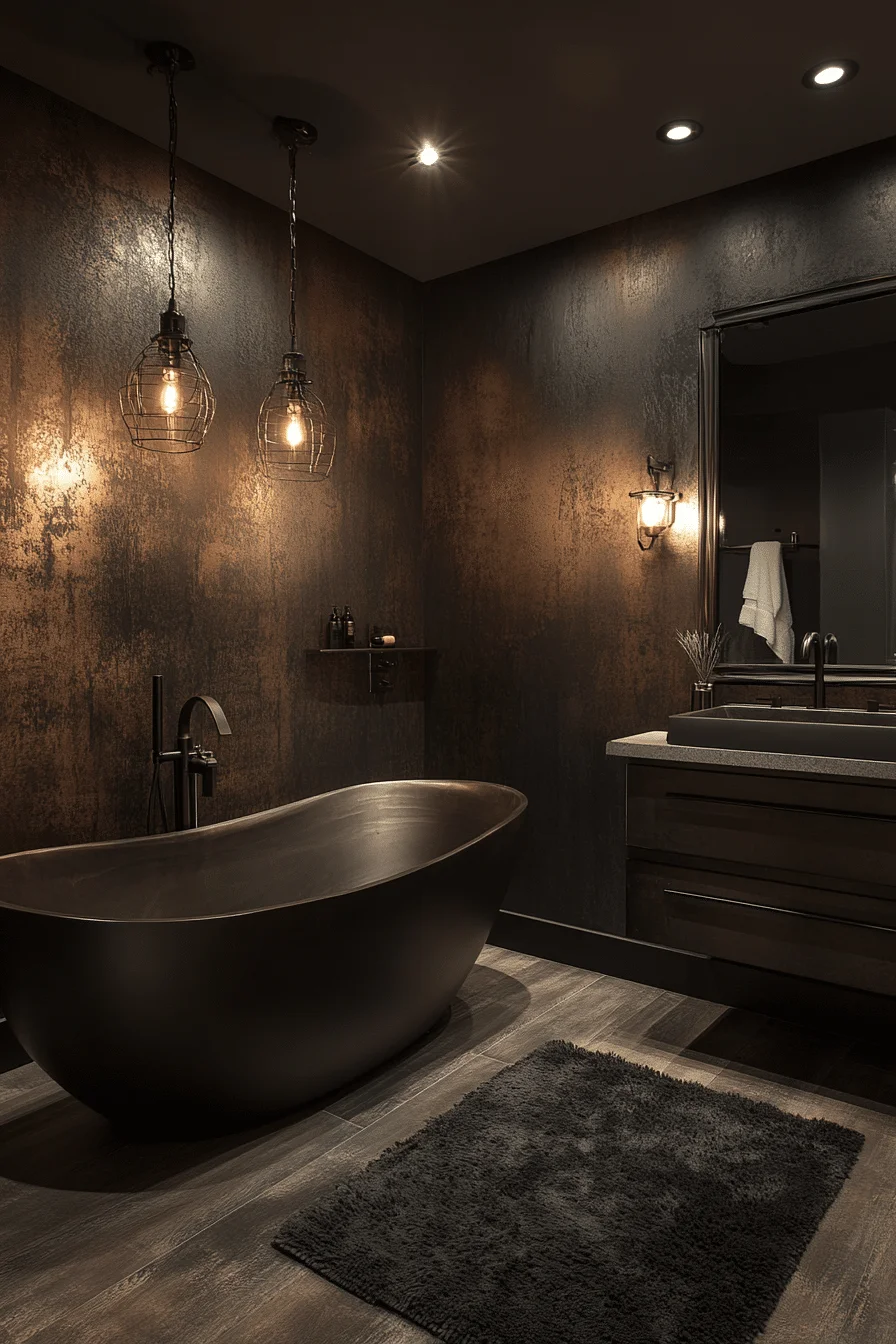 Bathroom with textured dark walls and matte fixtures