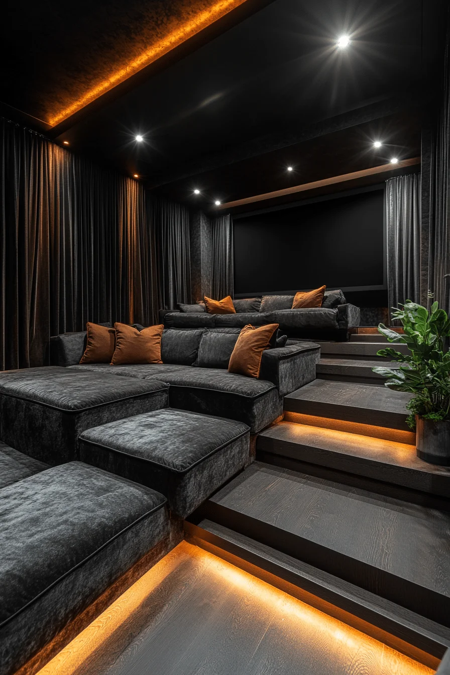 Home theater with blackout curtains and dark upholstery