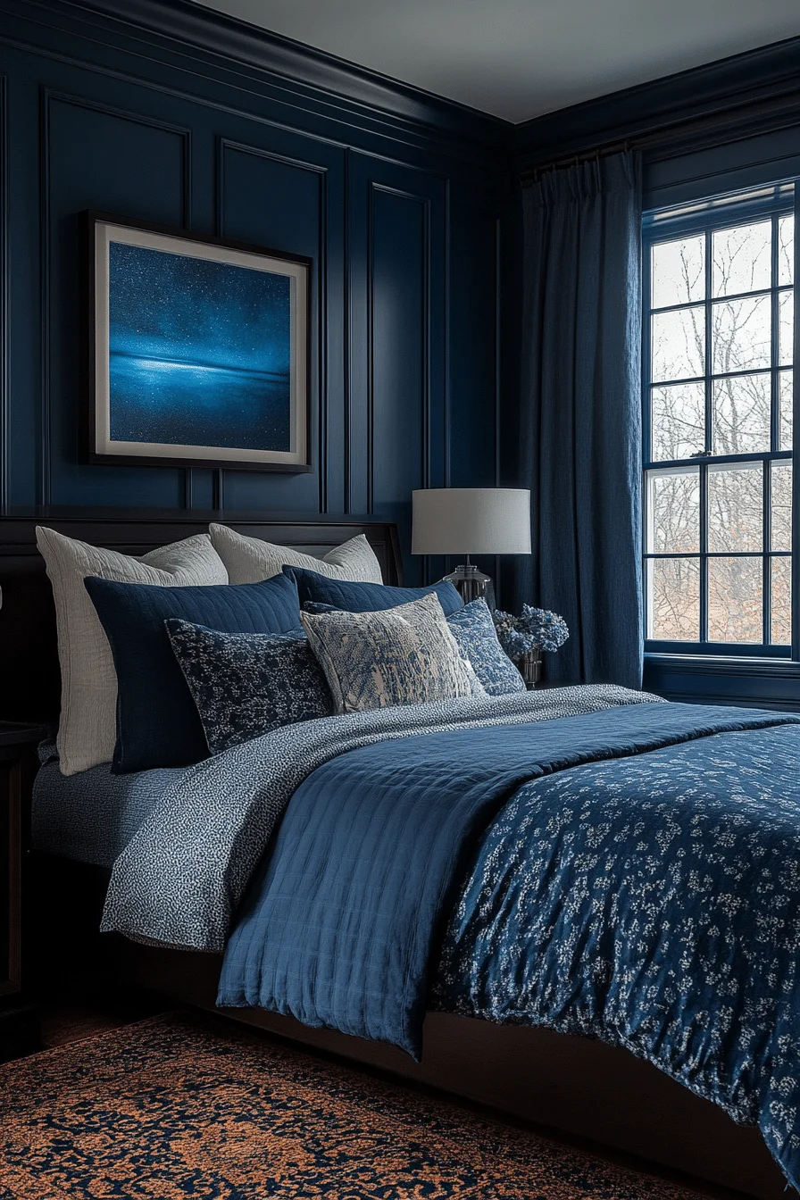 Guest room with midnight blue walls and dark furnishings