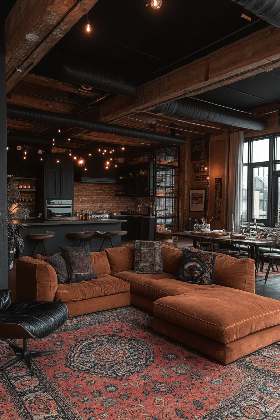 Loft with black beams and dark textiles