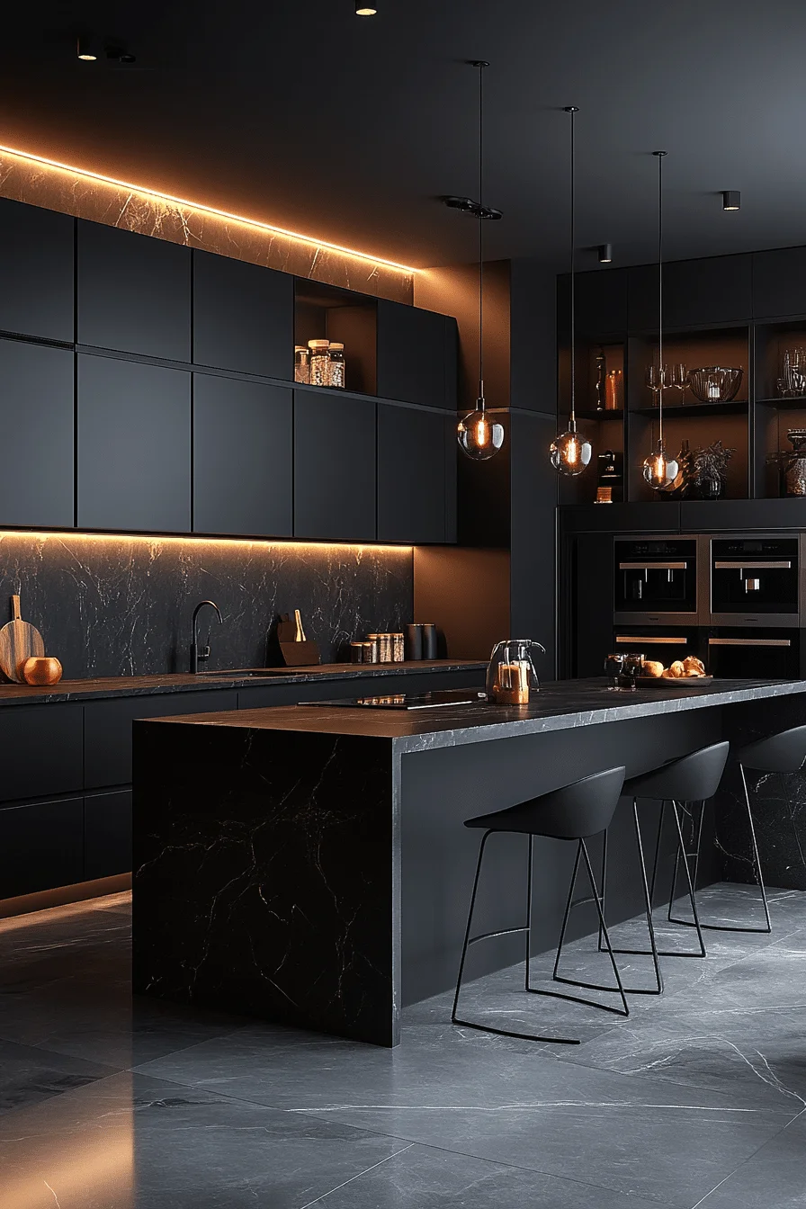 Kitchen with matte black cabinetry and island seating