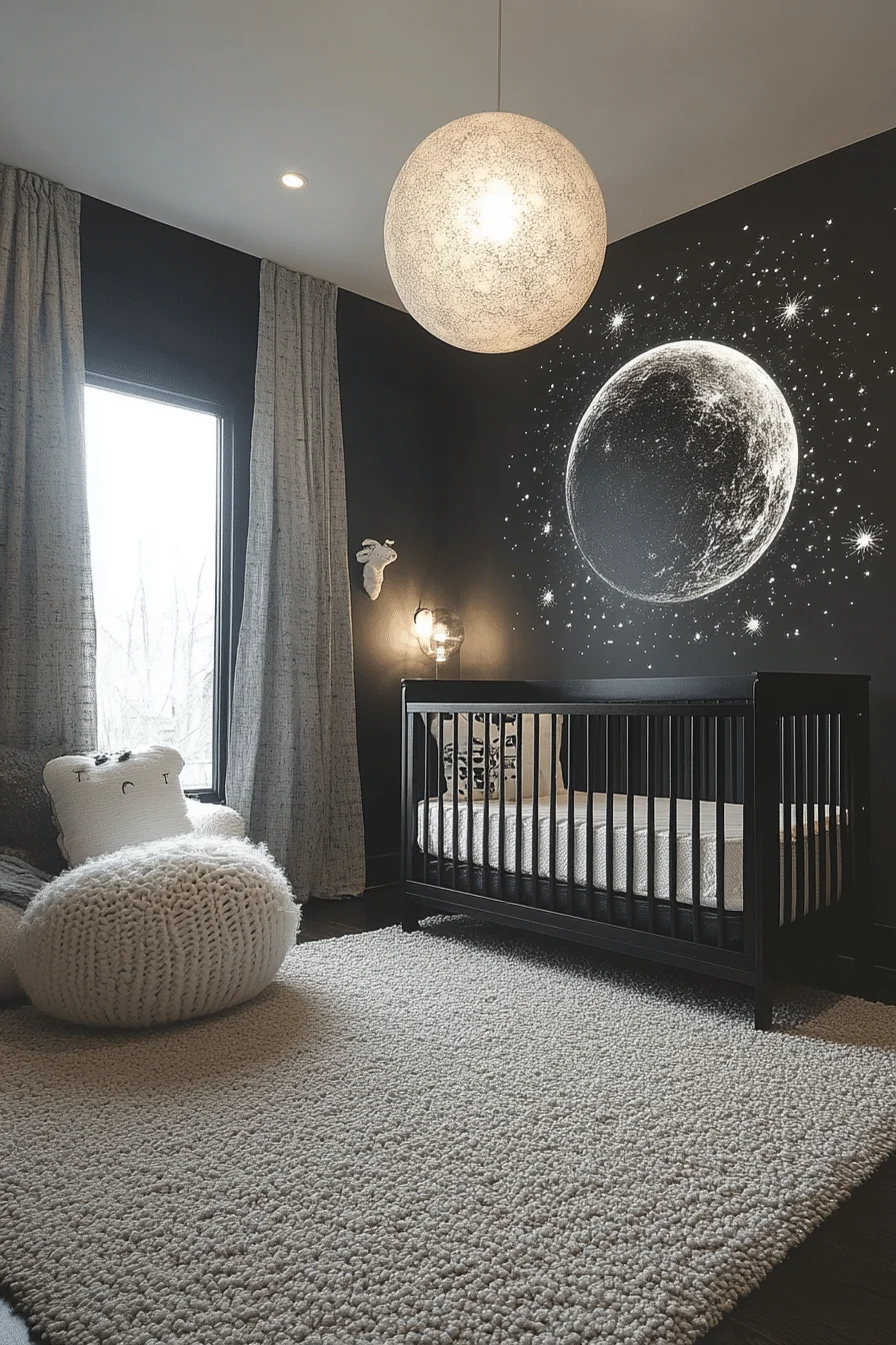 Nursery with dark gray walls and celestial patterns