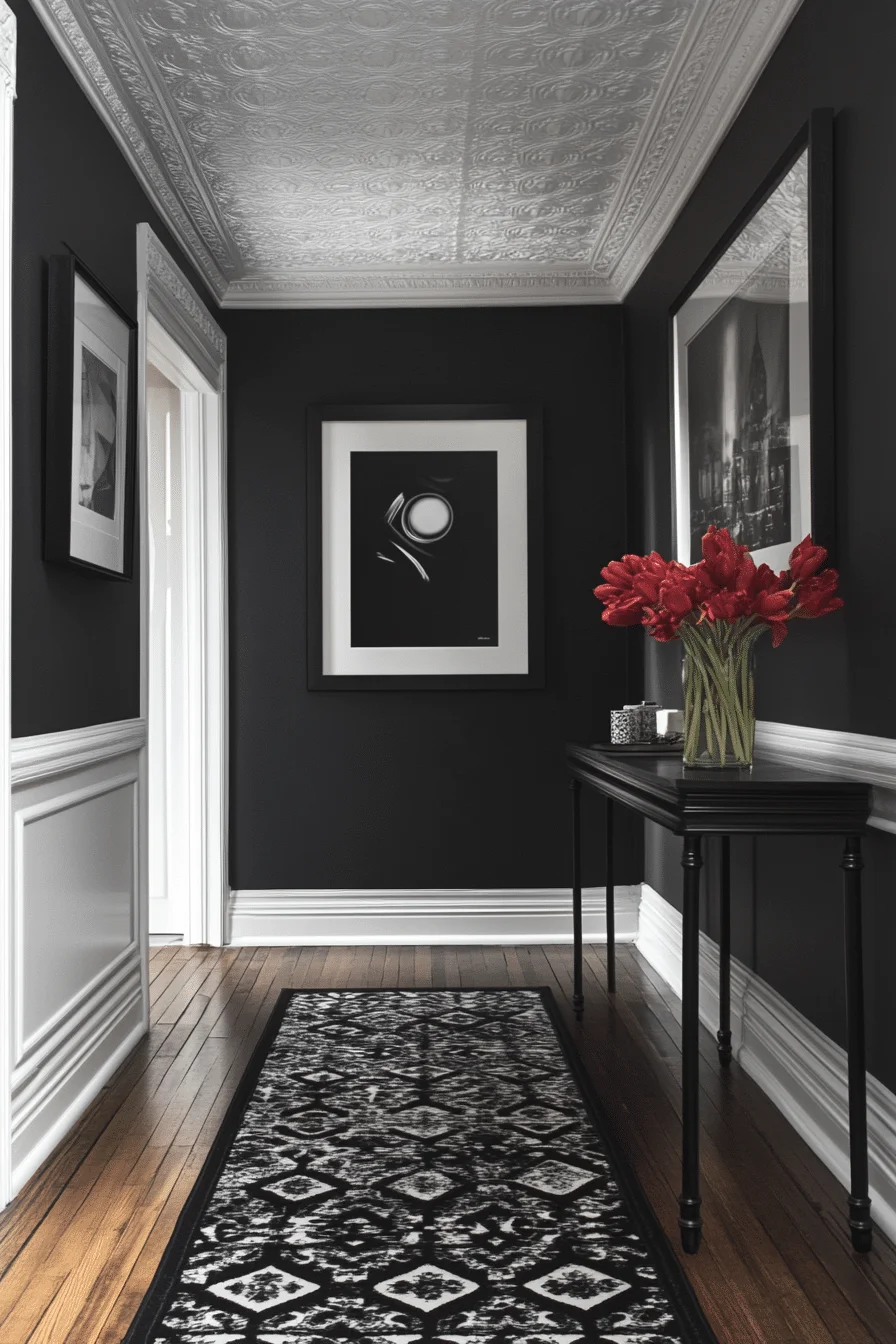 Hallway with charcoal walls and white trim