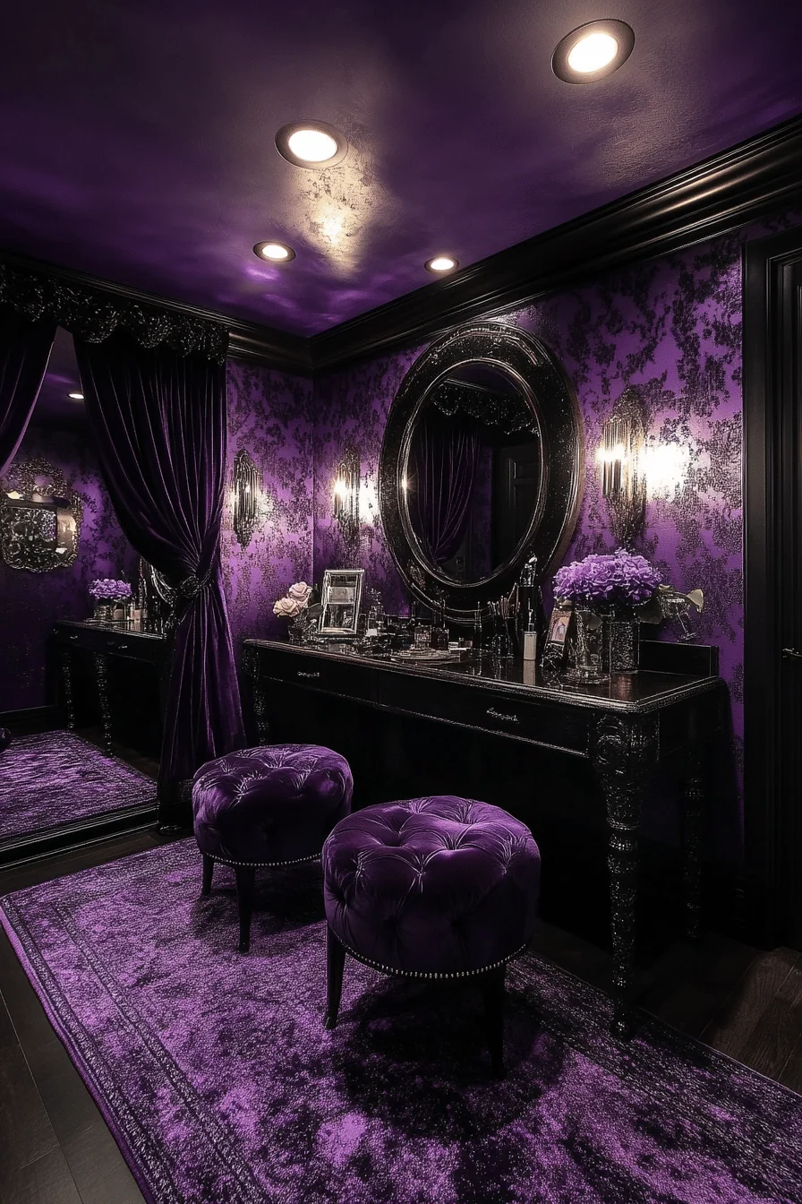 Dressing room with glossy black walls and ornate mirror