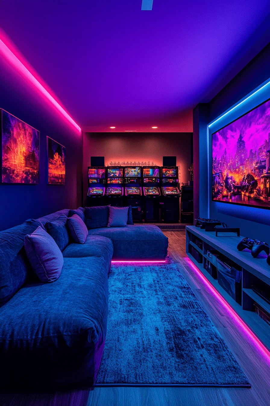 Game room with dark walls and vibrant LED lighting