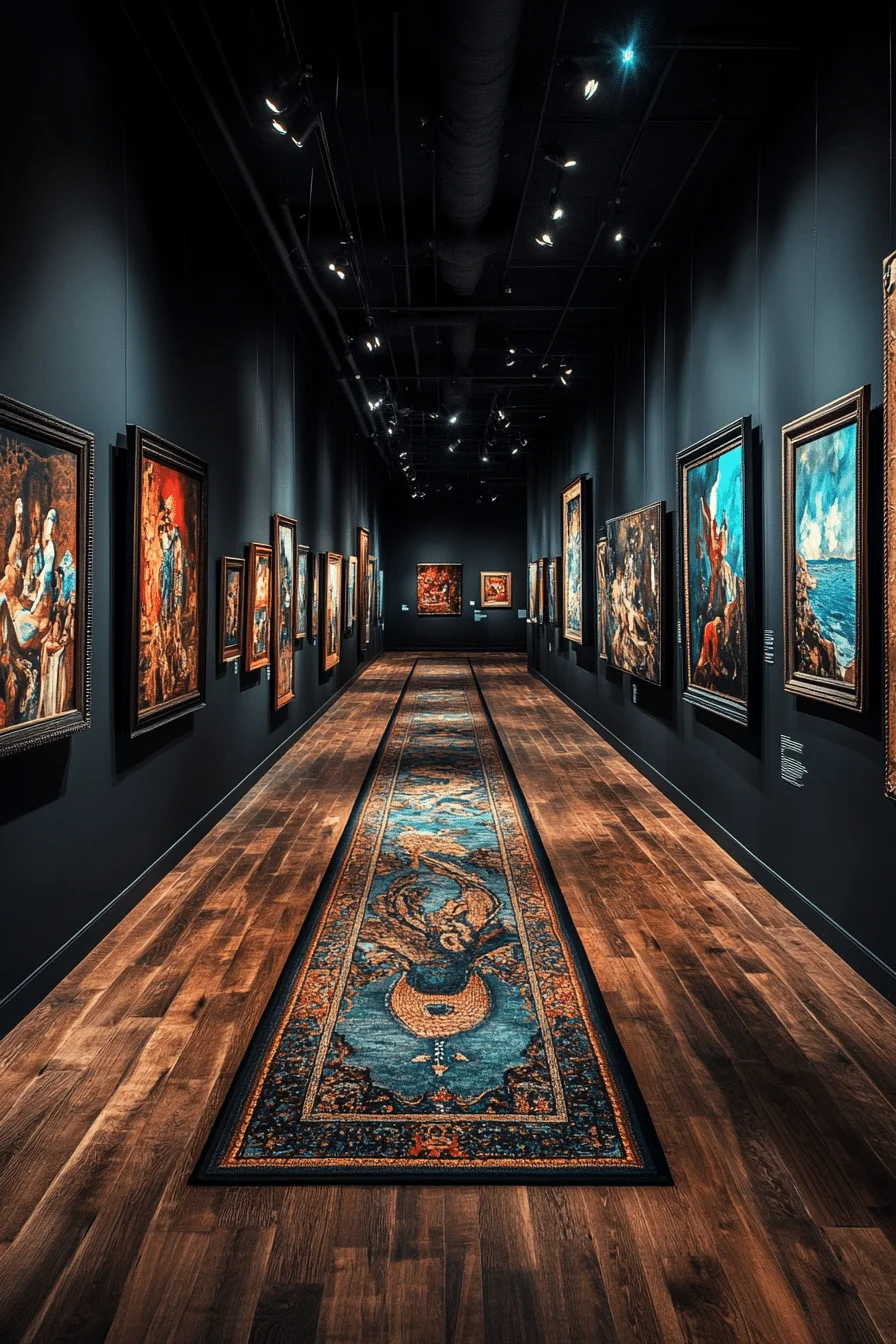 Art gallery with black walls and spotlighting