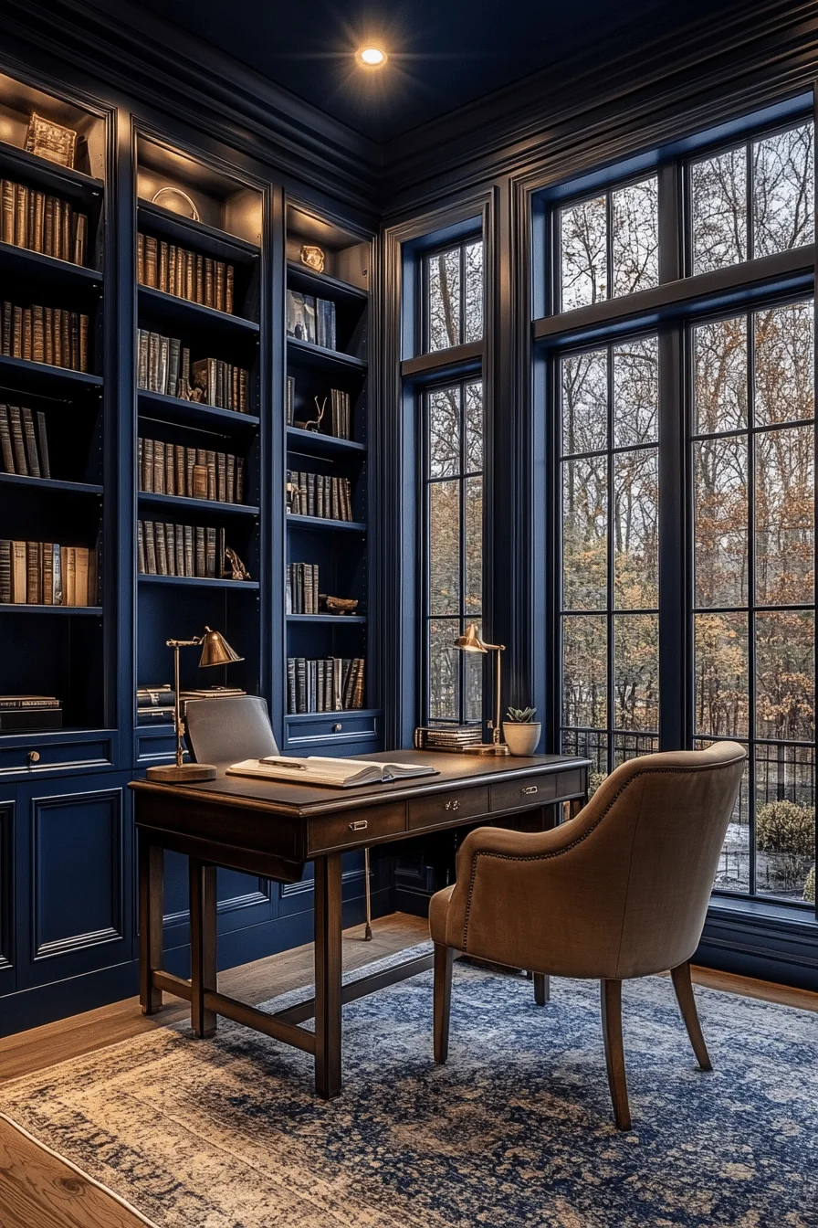 Study room with deep blue walls and dark shelving